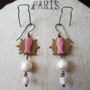 Pink Fish & Freshwater Pearl Drop Earrings